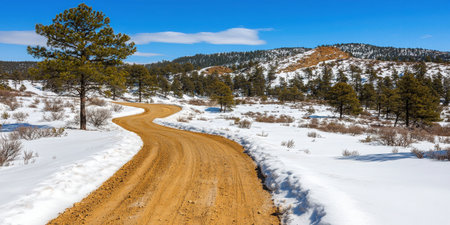 This picturesque image features a winding dirt road cutting through a serene snowy landscape, framed by tall pine trees and a clear blue sky.の素材