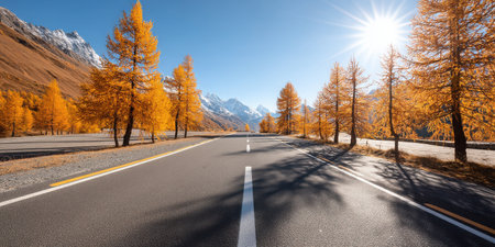 Discover a beautiful autumn scene featuring a winding road lined with golden larch trees and majestic mountains under a clear blue sky.の素材