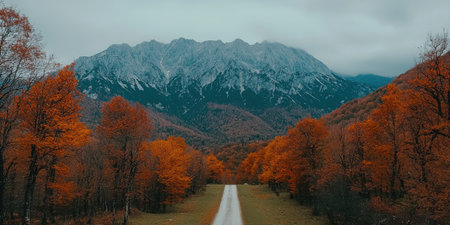 This stunning autumn landscape features vibrant orange trees lining a gravel road with a snow-capped mountain backdrop. Perfect for nature lovers.の素材
