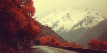 Stunning autumn landscape featuring vibrant orange foliage along a winding road with majestic snow-capped mountains in the background. Perfect for travel themes.の素材