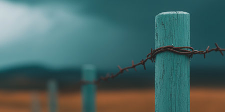 A close-up view of rustic wooden fence posts with barbed wire, set against a dramatic moody sky, conveying a sense of isolation and tranquility in a rural landscape.の素材