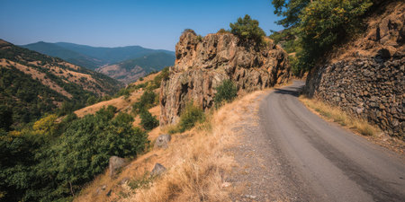 A stunning mountain road winds through rocky cliffs, offering breathtaking views of lush green hills and clear skies. Perfect for outdoor adventures.の素材