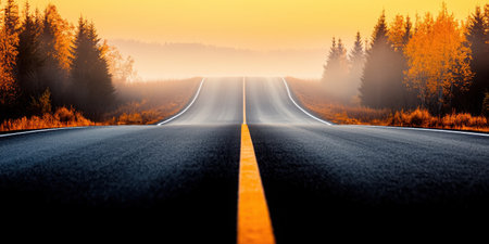 A tranquil open road stretches ahead, bordered by beautiful autumn trees under a soft sunrise light, inviting exploration and adventure.の素材