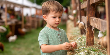 A young boy engages with hay bales at a vibrant outdoor farm market. Surrounded by animals, he embodies curiosity and the joy of childhood.の素材