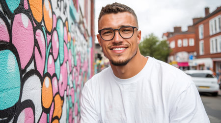 A confident young man poses happily in front of a vibrant, colorful graffiti wall, showcasing urban culture and style in a lively city environment.の素材