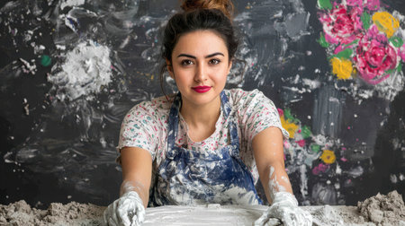 A young woman artist immerses herself in her creative process, surrounded by clay and vibrant paint. Her expression radiates passion and dedication.の素材