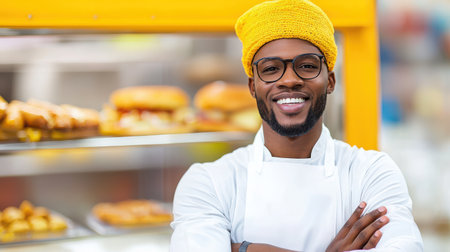 A cheerful baker wearing a yellow hat and apron stands proudly in his bakery, surrounded by fresh breads and pastries. His warm smile and confidence highlight his passion for baking.の素材