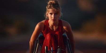A powerful image of a determined athlete in a wheelchair racing on a track, showcasing focus and strength. The beautiful sunset enhances the atmosphere of resilience and motivation.の素材