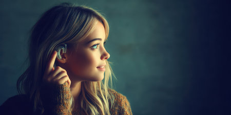 A young woman enjoys music through an earbud, captured in a cozy indoor space with soft, inviting light. She exudes tranquility and focus.の素材