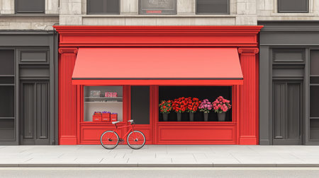 A vibrant red flower shop featuring a bicycle and colorful floral displays on an urban street, showcasing beauty and charm perfect for a lively neighborhood atmosphere.の素材