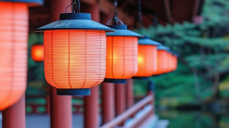A collection of traditional Japanese lanterns softly illuminates a serene garden pathway, creating a tranquil atmosphere. Perfect for cultural and travel themes.の素材