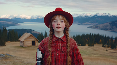 A young girl with braids and a red hat stands confidently in a breathtaking outdoor setting, embodying innocence and adventure.の素材