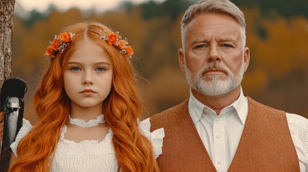 This evocative portrait captures a young girl and a mature man in traditional attire, surrounded by nature's beauty, conveying emotion and connection.の素材