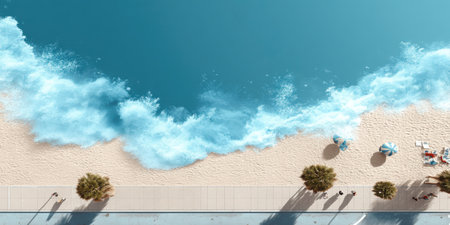 A stunning aerial view of a tranquil beach showcasing gentle waves, vibrant umbrellas, and soft sand, inviting relaxation and leisure in a picturesque setting.の素材