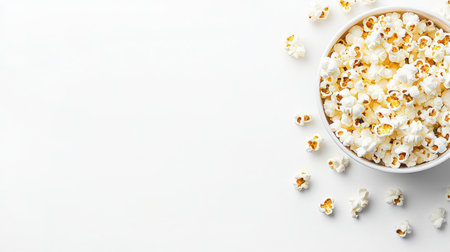 A bowl filled with freshly popped corn sits against a minimalist white background, showcasing the fluffy texture and inviting aroma of this delightful snack. Perfect for gatherings!の素材