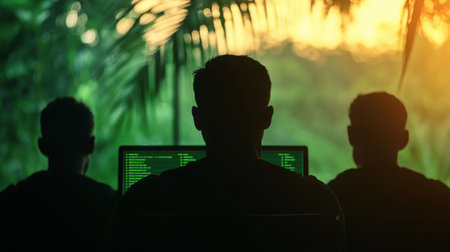 Three silhouettes engaged in work on laptops amidst lush greenery during a serene sunset, reflecting a blend of technology and nature.の素材