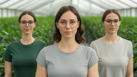 Three women stand confidently in a greenhouse filled with lush green plants, showcasing dedication, teamwork, and a passion for agriculture and sustainability.の素材