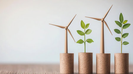 This image captures the concept of sustainable energy and growth, featuring wind turbines alongside green plants in a minimalist design.の素材