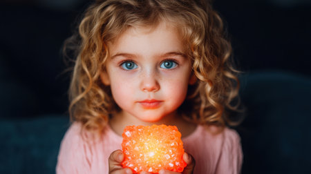 A charming young girl with curly hair gently cradles a glowing orange light in her hands, showcasing pure innocence and joy in a warm, cozy setting.の素材