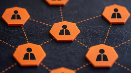 This image showcases orange hexagons interconnected by lines, symbolizing teamwork and collaboration among individuals in a modern network.の素材