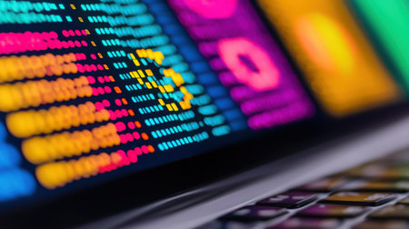 Close-up view of a laptop screen featuring vibrant digital patterns and data visualizations that evoke a sense of modern technology and creative design.の素材