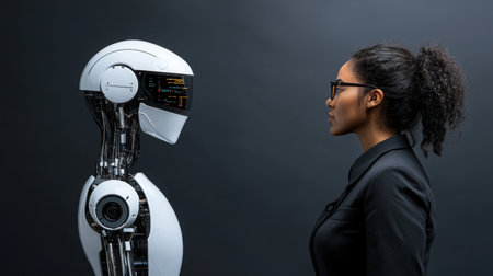 A woman in business attire stands confidently facing a futuristic robot, showcasing the blend of technology and human interaction in a modern workspace.の素材