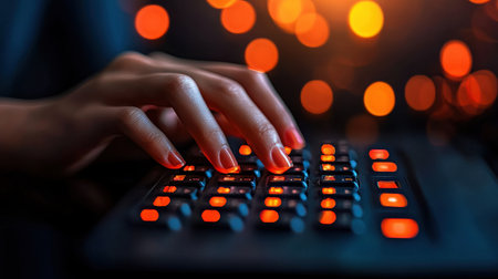 A captivating close-up features a hand typing on a keyboard with warm, blurry bokeh lights creating an inviting evening atmosphere.の素材