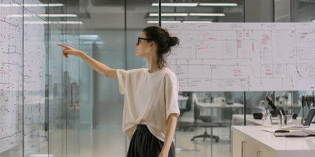 A woman in casual attire actively collaborates in a modern office space, pointing at business planning charts on glass walls, embodying teamwork and innovation.の素材