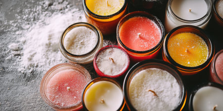 Explore a captivating arrangement of aromatic candles in various colors, designed to enhance any space with warmth and relaxation. Ideal for creating a serene atmosphere.の素材