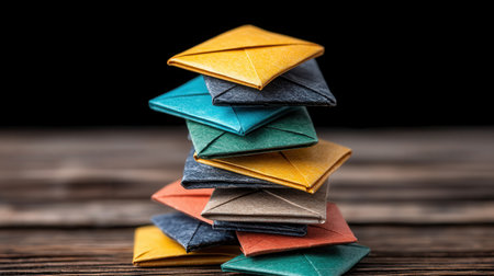 A vibrant stack of colorful envelopes arranged neatly on a wooden surface, highlighting creativity and organization against a dark backdrop. Perfect for stationery themes.の素材