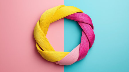A vibrant circular braid made from colorful ribbons rests against a split pink and blue background, perfect for art and design projects.の素材
