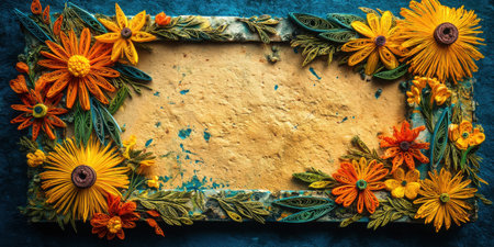 Artistic floral frame created using quilling techniques, featuring bright flowers in vibrant colors, perfect for decorative displays and creative projects.の素材