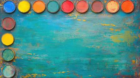 A captivating arrangement of paint pots in vibrant colors on a textured background, perfect for artistic projects and crafts. Ideal for inspiring creativity.の素材
