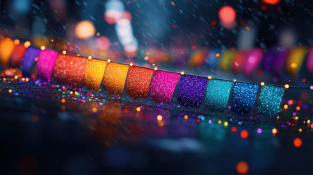 A captivating bokeh background showcasing vibrant colors with glittering particles, perfect for festive themes and artistic projects.の素材
