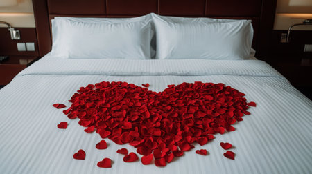 A heart-shaped arrangement of vibrant red rose petals on a neatly made hotel bed creates a romantic atmosphere perfect for special occasions and celebrations.の素材
