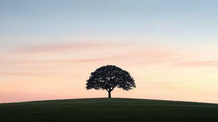 A stunning silhouette of a single tree on a gentle hill, beautifully framed by a colorful sunset sky full of soft hues, creating a serene landscape.の素材