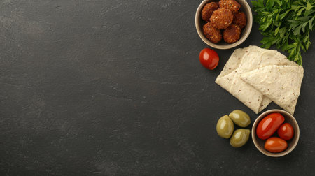 A beautifully arranged Mediterranean platter featuring falafel, fresh tomatoes, olives, and herbs on a dark slate surface. Perfect for appetizers or healthy snacks.の素材