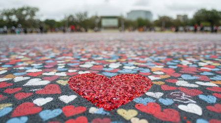Vibrant heart art installation featuring colorful tiles and glitter creates a joyful atmosphere in an urban park, inviting community interaction and artistic appreciation.の素材