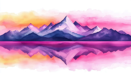 Stunning watercolor depiction of mountains at sunset with vibrant colors reflecting on calm water, creating an enchanting landscape.の素材