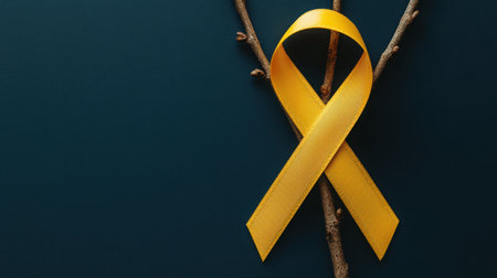 A vibrant yellow ribbon on twigs against a dark blue background symbolizes hope, support, and awareness. Ideal for campaigns and creative projects, this image conveys a heartfelt message of unity and inspiration.の素材