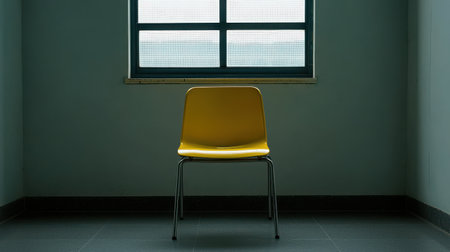 A striking yellow chair stands alone in a minimalist room, surrounded by soft light from the window, creating a serene and modern ambiance ideal for interior design themes.の素材