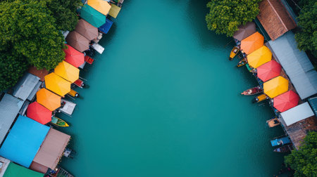 Aerial view captures vibrant roofs above tranquil waters in a tropical floating market, showcasing colorful boats and lush greenery, perfect for travel inspiration.の素材