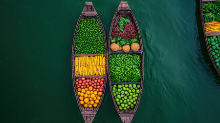 Aerial view of traditional boats filled with an array of colorful fresh fruits and vegetables. The scene showcases local agricultural practices and vibrant market life.の素材
