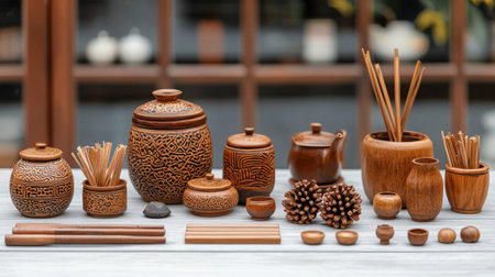 A beautifully arranged collection of wooden kitchenware featuring intricate designs, ideal for home decor and dining settings, showcasing craftsmanship and natural beauty.の素材