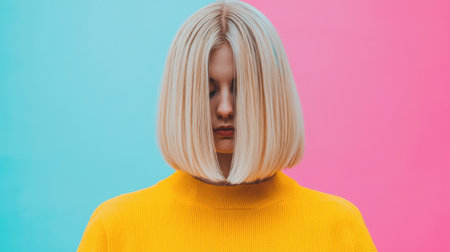 A captivating portrait of a young woman with a blunt blonde bob hairstyle, dressed in a yellow sweater, set against a vibrant pink and blue background.の素材