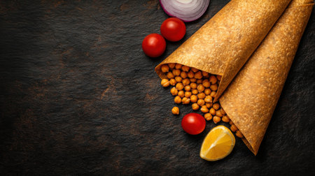 A delicious arrangement of crispy chickpea snacks paired with fresh cherry tomatoes, red onion, and lemon, set against a dark rustic background, perfect for food enthusiasts.の素材