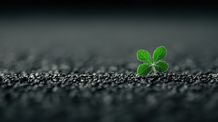 A striking close-up of a single green clover leaf on a textured dark asphalt surface, highlighting nature's resilience and beauty against an urban backdrop.の素材