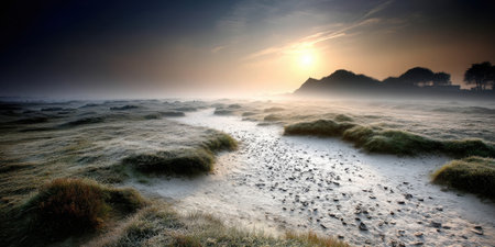 A serene misty morning landscape featuring a gentle stream winding through lush grassland under a warm sunrise. Perfect for nature lovers.の素材