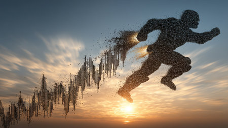 A stunning illustration of a runner in silhouette composed of dynamic particles, soaring against a vibrant sunset sky, symbolizing energy and ambition.の素材