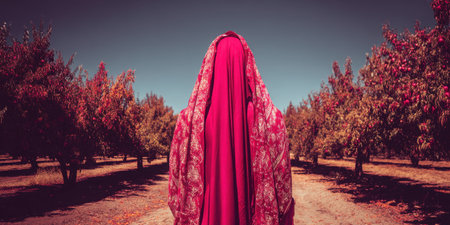 A solitary figure draped in a vibrant red veil stands amidst a colorful orchard in autumn, embodying mystery and beauty.の素材